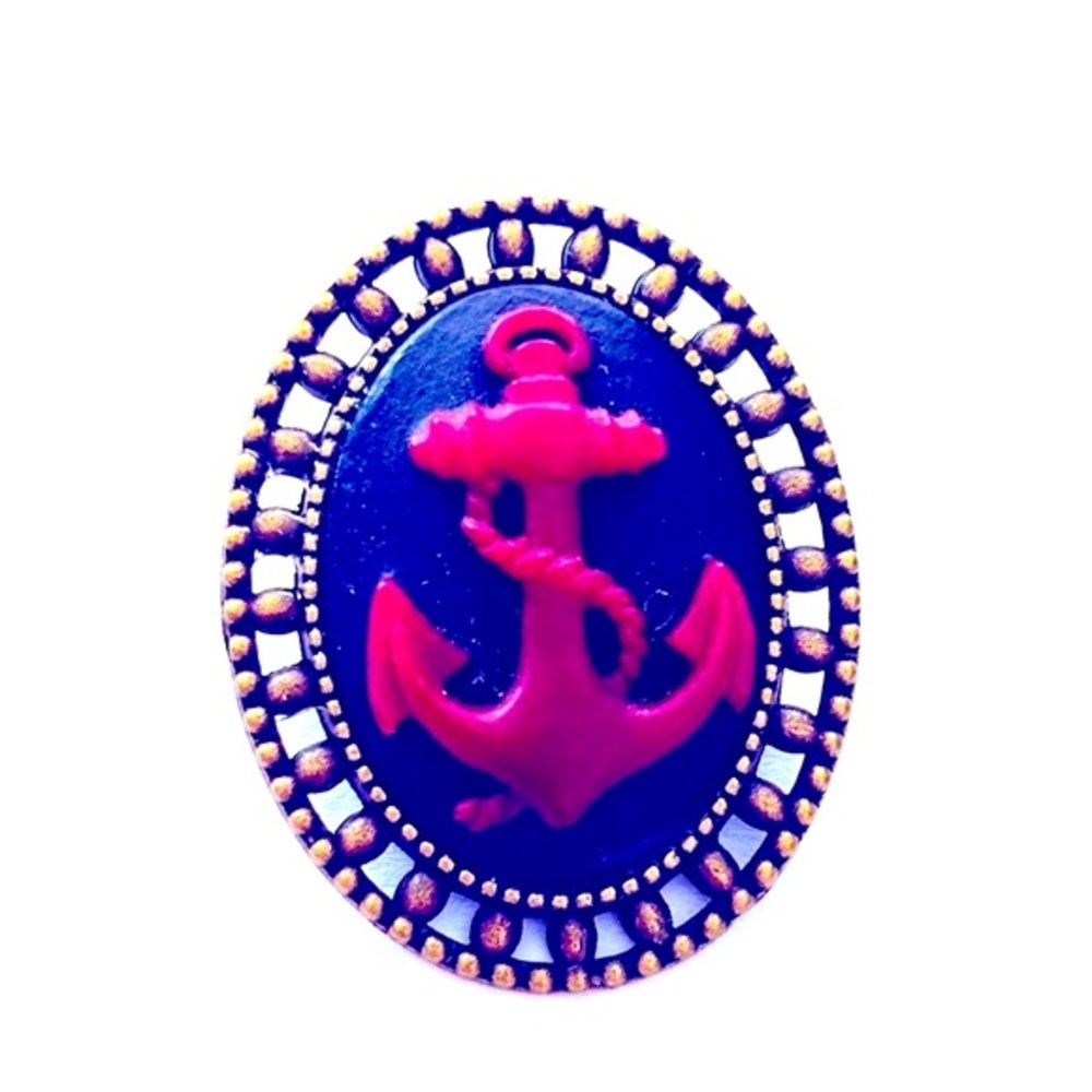 Black and Red Anchor Cameo Brooch, Handmade, NWT, Nautical Theme